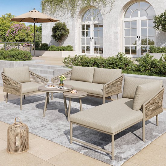 Learnlogic Tuin Loungeset, Touw Tuinmeubelset, Moderne Buitensofaset Handgeweven Touw, Inclusief Alle Zit- en Rugkussens, Balkonset, Tuin en Terras, Khaki