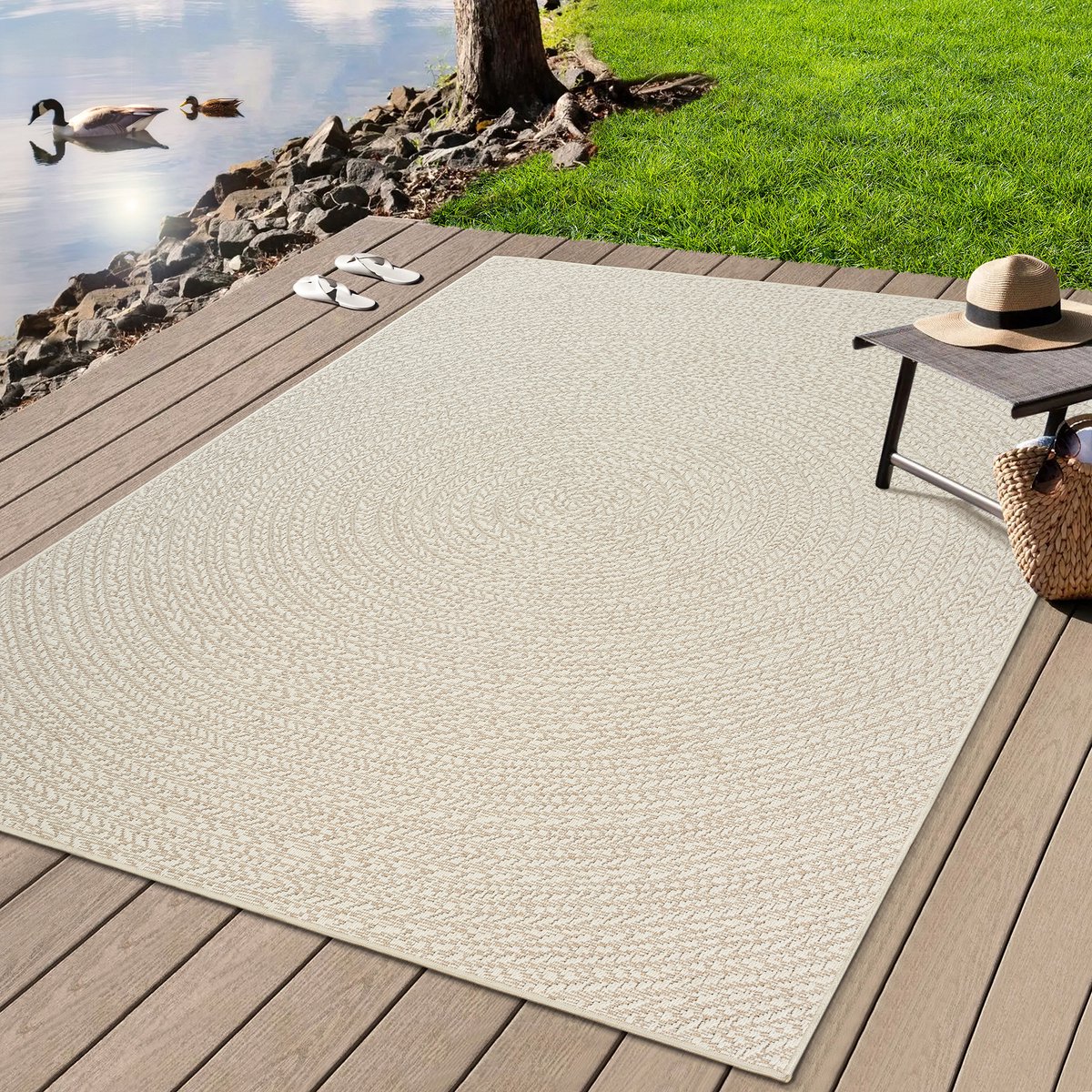 the carpet Kansas – robuust in- & outdoor vloerkleed met natuurlijk cirkelpatroon, weatherproof & UV-bestendig, crème cirkel 240 x 340 cm