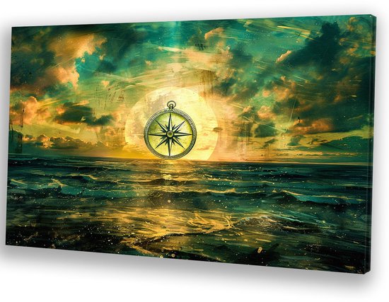 Kompas en horizon kunstwerk - Kompas canvaskunst - Canvas schilderij object - Surrealisme - Muurdecoratie industrieel - Decoratie kamer - Canvas 70x50 cm