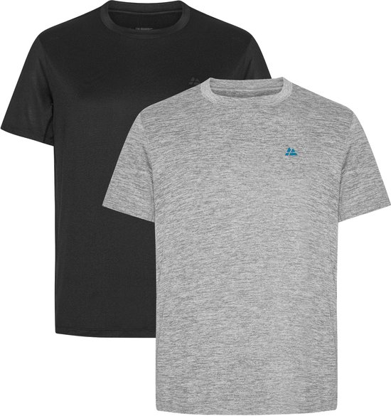Deux t-shirts de sport, un noir et un gris chiné, tous deux à col rond avec un petit logo sur la poitrine.