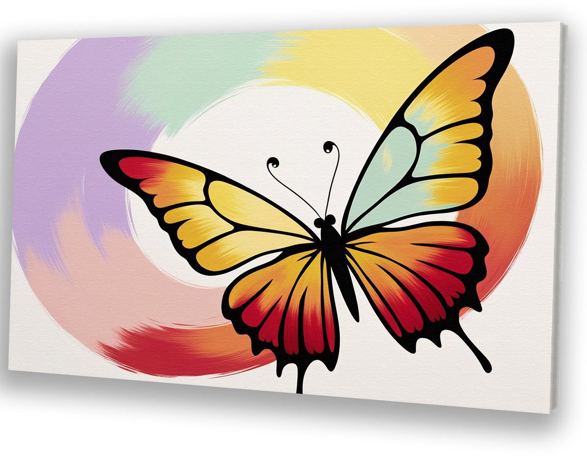 Kleurrijke vlinder op pastelachtergrond - Vlinder canvas kunst - Canvas dieren - Pop Art - Muurdecoratie klassiek - Kunst - canvas 120x80 cm