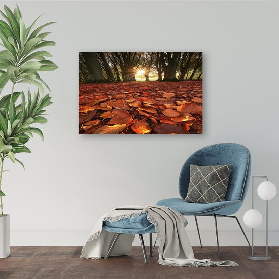 Zonlicht door herfstbos bladeren - Herfst canvaskunst - Wandkunst bladeren - Realisme - Woonkamer decoratie industrieel - Canvas schilderijen woonkamer - canvas 100x75 cm