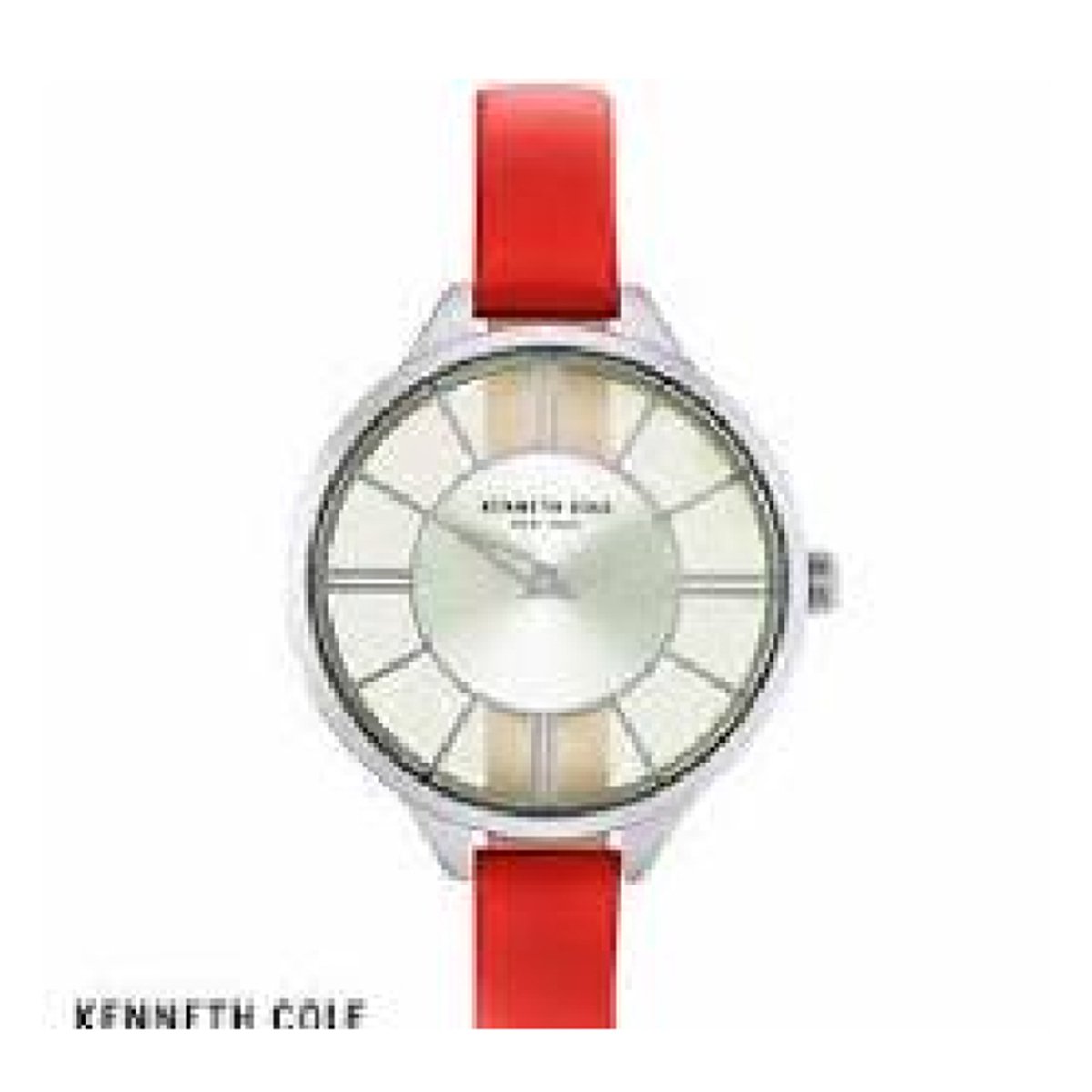 Kenneth Cole-Dameshorloge-transparant uurwerk-rood lederen band-stainles steel-3 atm waterdicht-diameter 35 mm