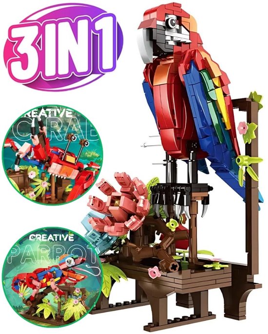 Woma - 3 in 1 Exotische Dieren bouwpakket | Papegaai kameleon crab met bloemen | Classic Creator STEM speelgoed | Compatibel met lego mould king sluban mega | Icons modelbouw bloemenpracht volwassenen & kinderen | 593 bloks