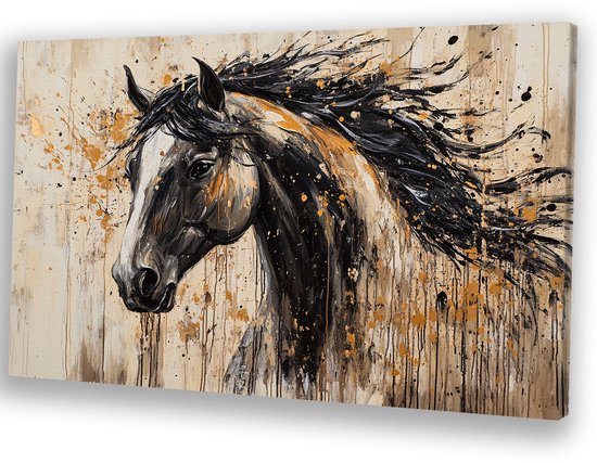 Expressief paardenportret - Paard canvaskunst - Muurkunst dieren - Abstract expressionisme - Design aan de muur - Slaapkamer muurdecoratie - canvas 90x60 cm
