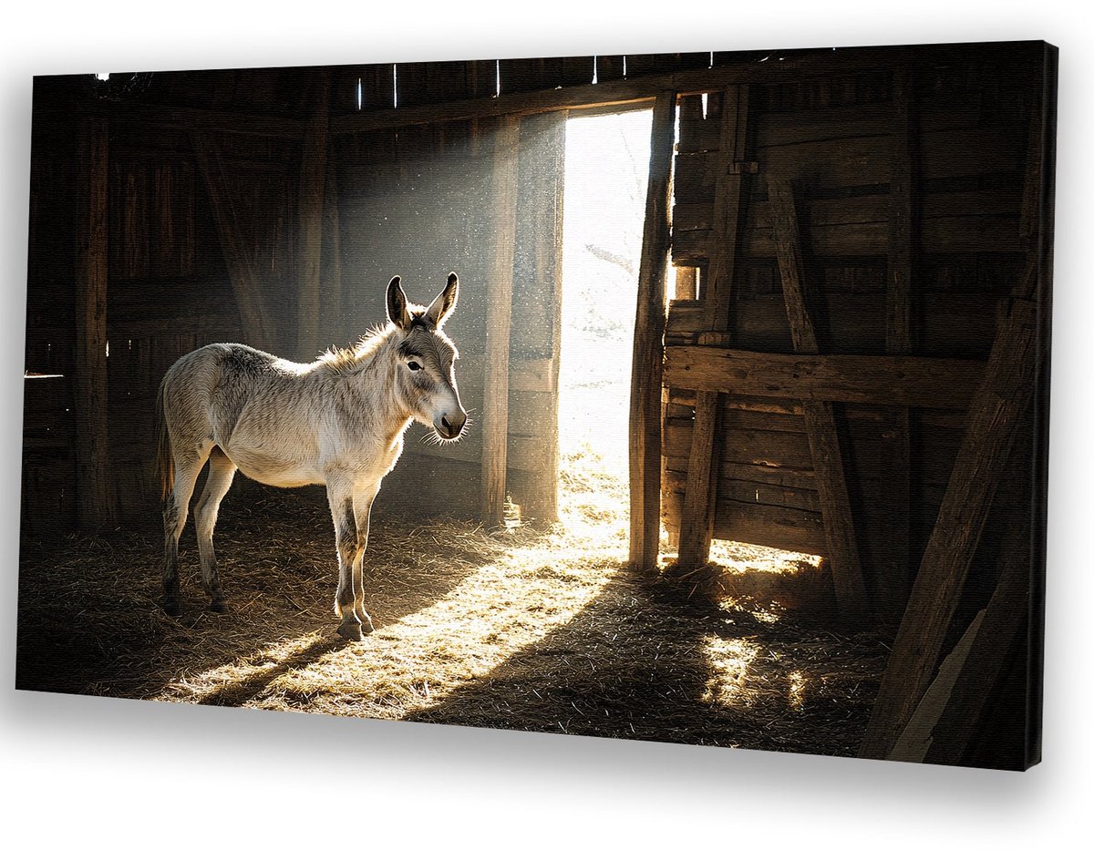Ezel in oude schuur - Ezel canvas schilderij - Schilderijen canvas dieren - Realisme - Kla