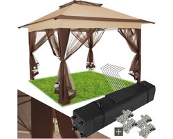 tectake® Tuinpaviljoen met waterafstotend dubbel dak - Gazebo met UV-bescherming - Afmetingen (LxBxH) 364 x 364 x 294 cm - Vouwpaviljoen - 4 klamboe zijpanelen - Opvouwbaar - Inclusief transporttas op wielen - Bruin