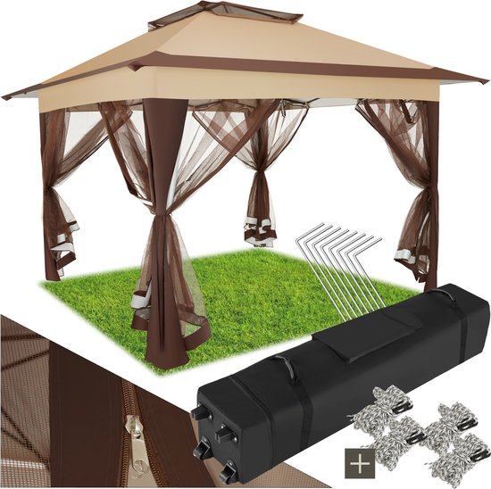 Pavillon de jardin tectake® avec double toit hydrofuge - Gazebo avec protection UV - Dimensions (L x l x H) 364 x 364 x 294 cm - Pavillon pliable - 4 panneaux latéraux moustiquaires - Pliable - Sac de transport à roulettes inclus - Marron