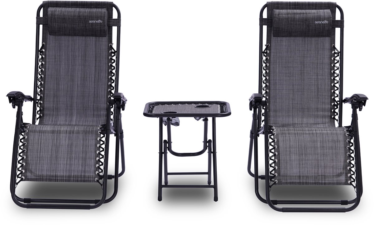 SereneLife Ligstoel set van 2 – Verstelbare Buitenkamerstoel met Afneembaar Bekerhouderblad en Zijtafel en 2 Bekerhouders – Inklapbare Relaxstoel met Verwijderbare Kussens