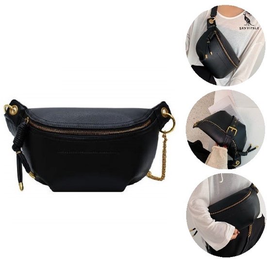 San Vitale® - Sac banane en cuir végétalien dames - Sac banane - sac banane - sac banane dames - Sac à bandoulière - Sac banane - Bandoulière -Sac à bandoulière - Zwart