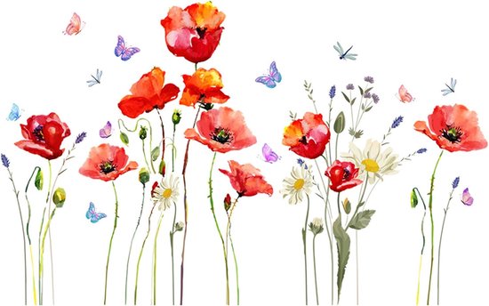 Décoration murale avec coquelicots rouges, marguerites et papillons sur fond blanc.
