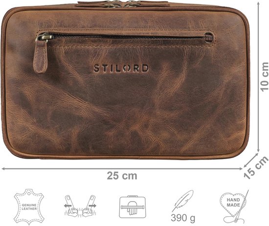 STILORD Bruno lederen toilettas vintage voor heren grote toilettas twee compartimenten toilettas met handvat voor op reis Kleur:kara - cognac