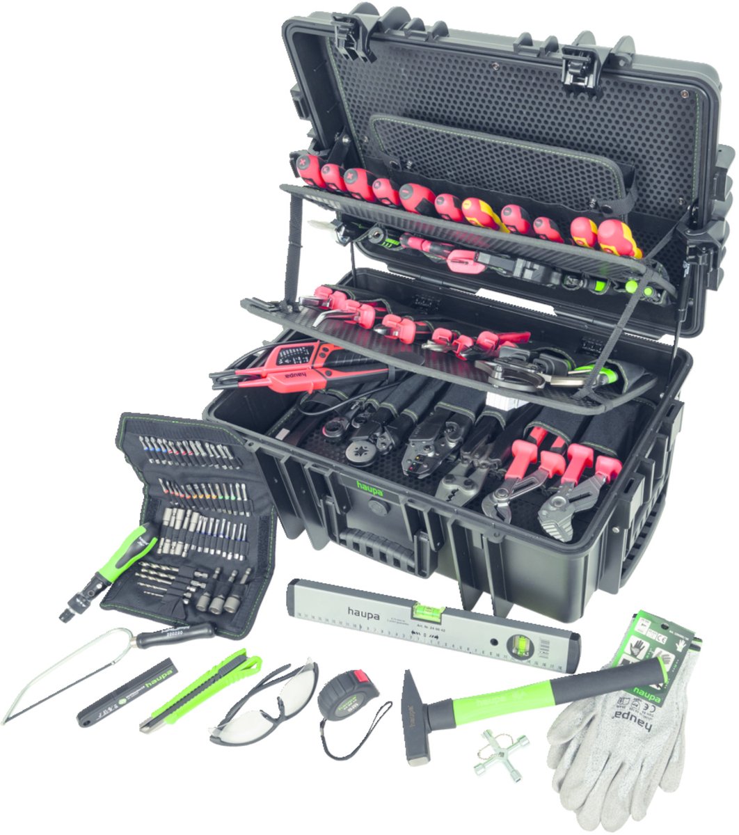 Haupa VDE geïsoleerde Gereedschapskofferwagen HUPtransporter Pro 53-delig - Combinatietangen - Zijkniptangen - Kabelmessen - Waterpomptangen - Schroevendraaier - Ratelschroevendraaier - Waterpassen
