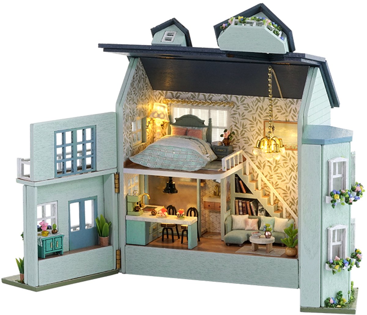 Cuteroom Doe-het-zelf miniatuurpoppenhuiskits met meubels, doe-het-zelf houten poppenhuisset met muziekbeweging en led-lampen (jongenswoning