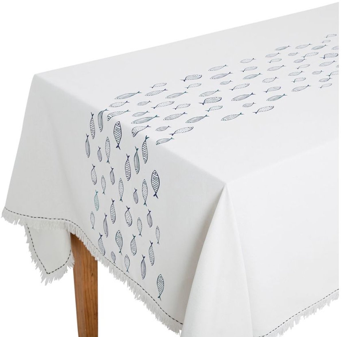 Tafelkleed wit / off white met blauwe vissen - 100% katoen - 250 x 145 cm - Tafellaken met vissen