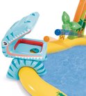 Blauw opblaasbare dinosaurus met open bek, rode binnenkant en gele tanden, met een gat om ballen doorheen te gooien.