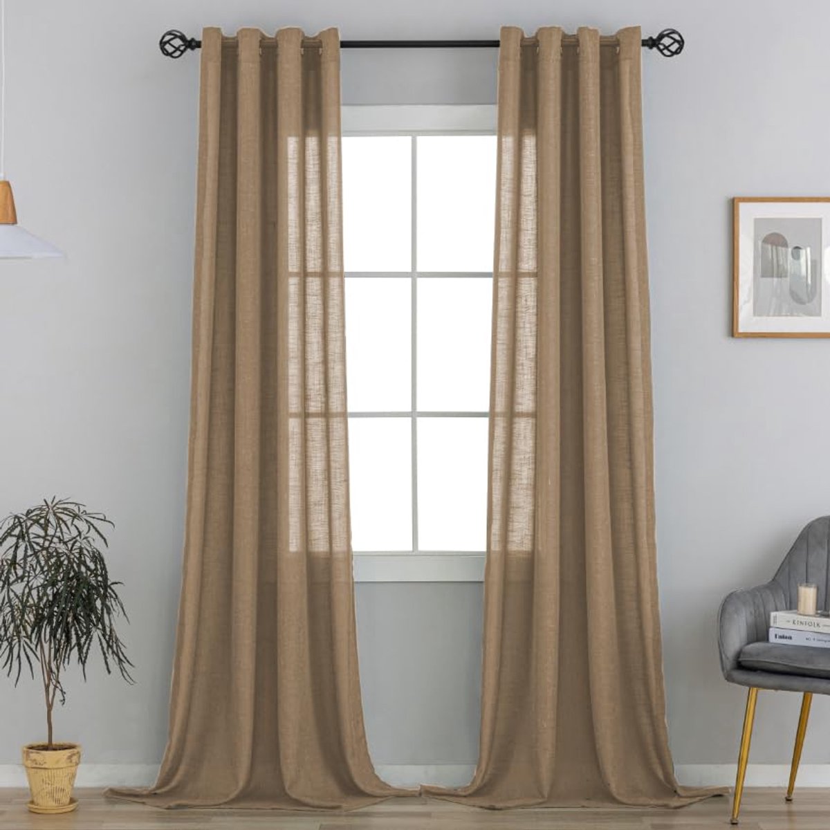 Ibenzoa Stijlvolle Gordijnen met Linnenstructuur en Bronskleurige Oogjes voor Slaapkamer, Set van 2, 220 x 140 cm bruin