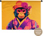 Wandkleed 90x67.5 cm - Wanddoek Aap - Kimono - Bloemen - Hoofdtooi - Wandtapijt - Wandkleden