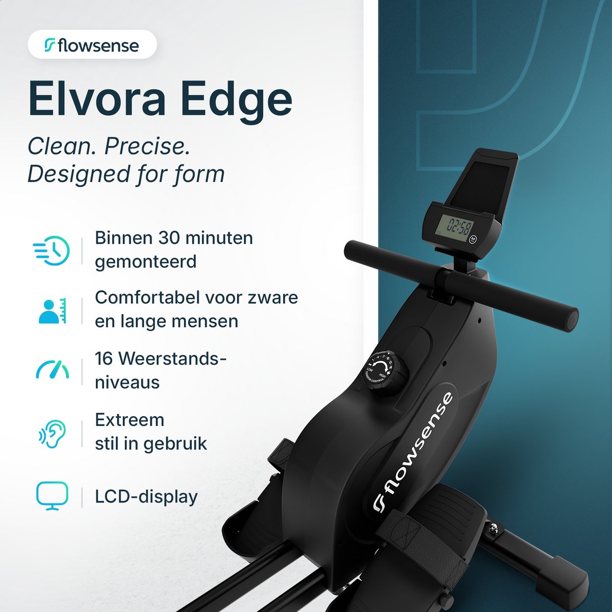 Afbeelding 2 van Flowsense Roeiapparaat - Roeimachine - Geluidsstil - Magnetische Roeitrainer Fitness - Rowing Machine 16 Weerstandniveaus - LCD Monitor