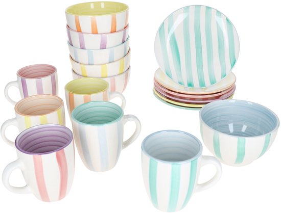 MamboCat 18-delige BEACH PASTELLO STRIPES ontbijtset voor 6 personen van steengoed