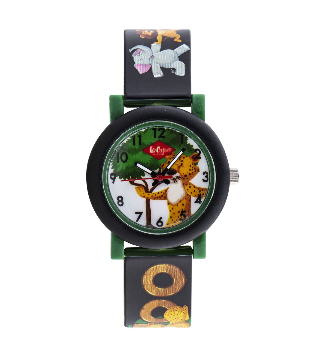 Lee Cooper-model lc.k.2.731-kinderhorloge-unisex-3 atm waterdicht-groen-zwart-bruin-afbeelding dierentuin-diameter 32 mm