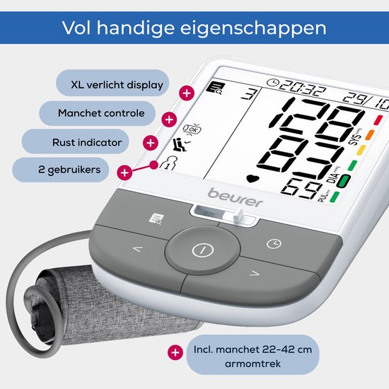 Beurer BM 53 bloeddrukmeter met XL verlicht display, manchetcontrole en rustindicator.