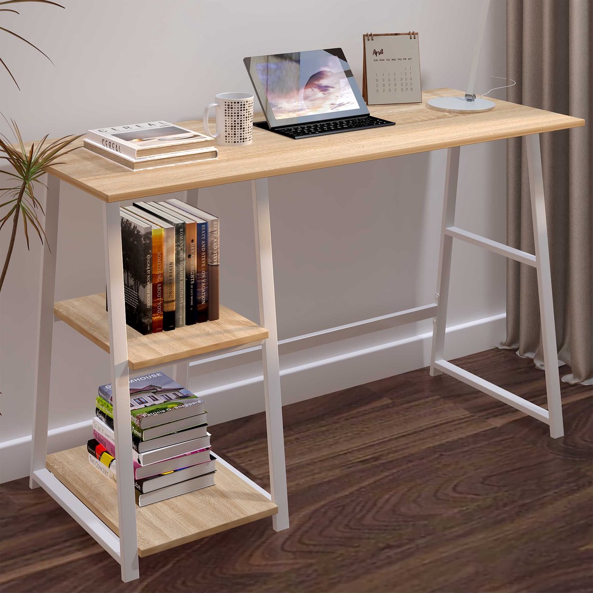 Bureau Dwayne - 120x50x73cm - Met Opbergruimte - Eikdecor/wit - Emob Exclusive - Bureau - Bruin - Metaal; Spaanplaat