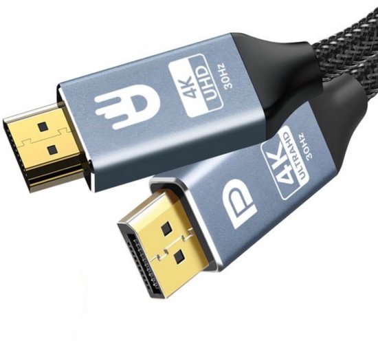 Un câble Displayport vers HDMI avec des indications 4K Ultra HD 30Hz.