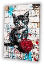 Chat graffiti avec laine - Peintures chat sur toile - Peinture sur toile animaux - Street art - Décoration salon industriel - Décoration murale - toile 60x90 cm