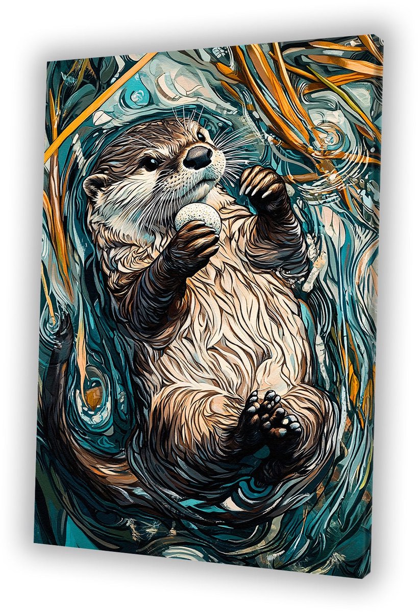 Speelse otter in waterkunst - Otter portret - Canvas dieren - Art Nouveau - Wanddecoratie