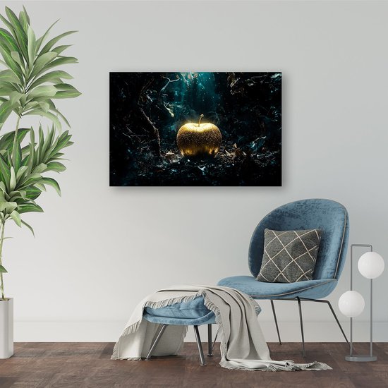 Œuvre d'art mystique pomme dorée - Toile Goud - Pomme sur toile - Hyperréalisme - Peintures champêtres - Accessoires de bureau - Toile 150x100 cm