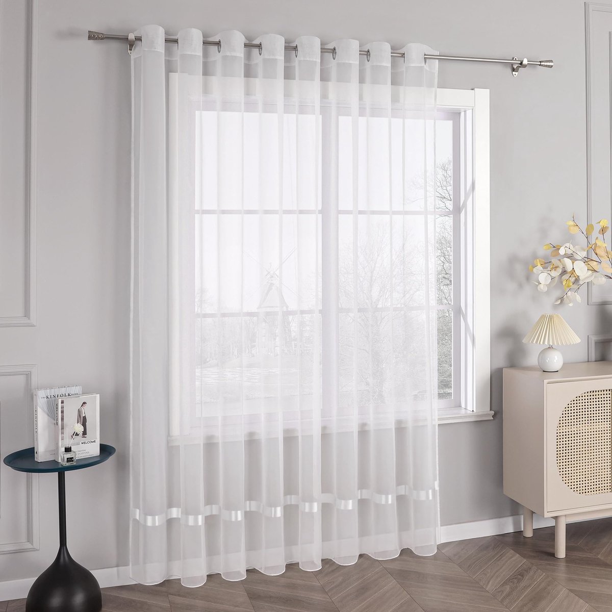 Ibenzoa Transparante Voile Gordijn Sjaal met Satijnen Linten voor Moderne Raamdecoratie m145/300 wit