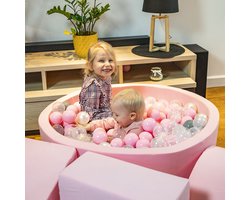 KiddyMoon schuimspeelplaats met rond ballenbad (300 ballen) ballenbakken voor baby's speelbad hindernisbanen, made in the eu, roze:pearl/grijs/transparant/powderroze