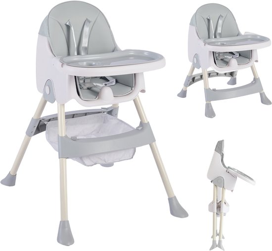 K IKIDO Kinderstoel 3 in 1 - Baby Inklapbare Eetstoel - Verstelbaar Baby Stoel - Kinderzitje - Uitneembaar lederen kussen - Stille antislip stoelpoten om de vloer te beschermen - klaptafel 5-punts Gordel - Maximale belasting: 40 kg - XCY-001 - Grijs