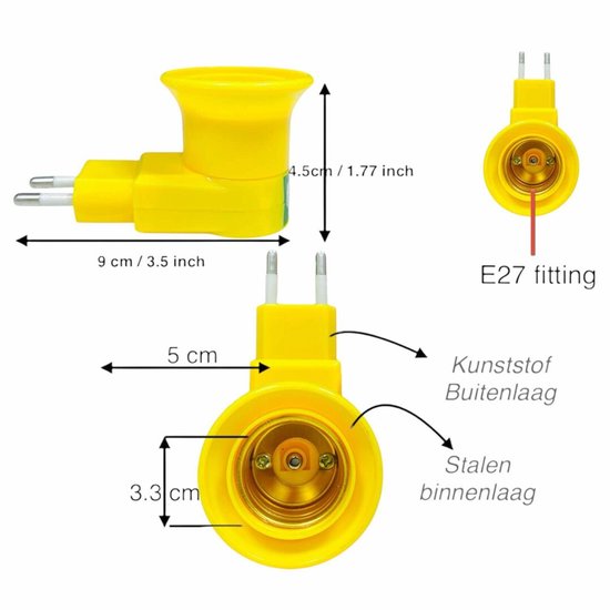 Adaptateur de douille jaune avec douille E27, revêtement extérieur en plastique, intérieur en acier. Dimensions: 9x4.5cm.