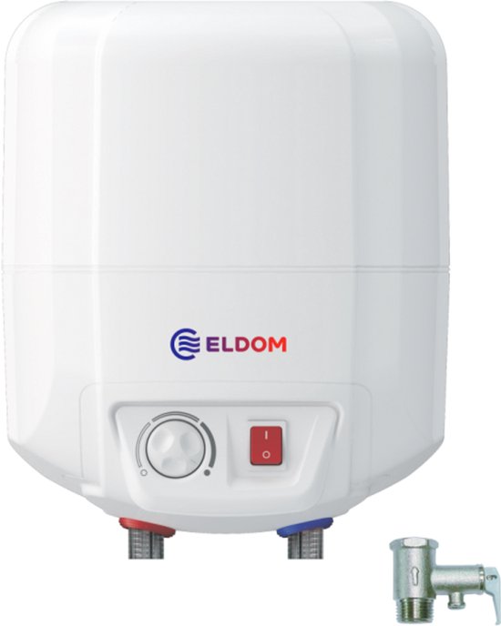 Witte boiler met 'ELDOM' logo, regelknop en rode schakelaar. Rode en blauwe aansluitingen en een kraantje.