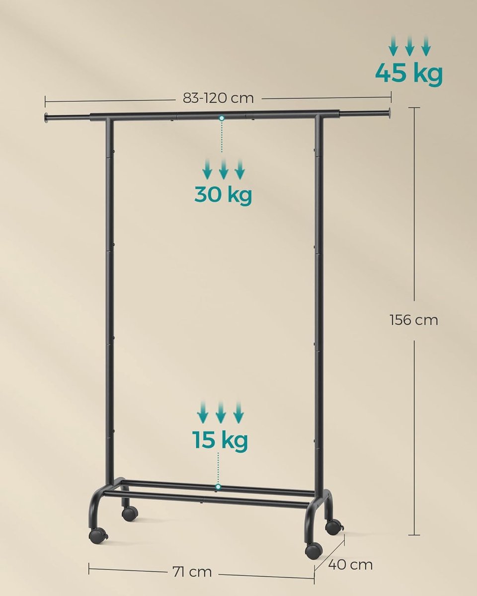 Kledingrek op Wielen Zwart - Uitschuifbaar 92-132 cm - Heavy Duty Metaal - Garderoberek met Wielen & Schoenenrek - Kapstok voor Slaapkamer - Industriële Stijl – foto 3