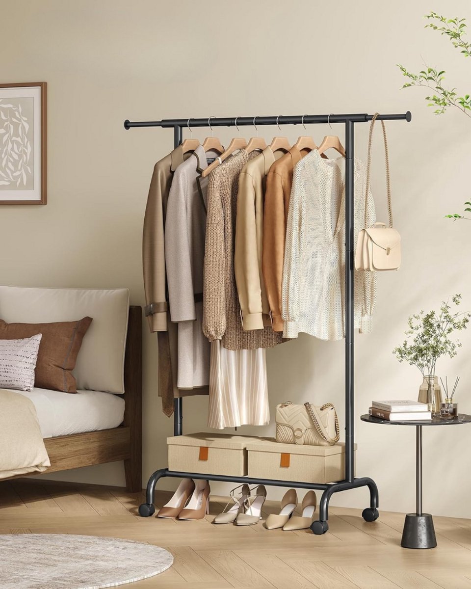 Kledingrek op Wielen Zwart - Uitschuifbaar 92-132 cm - Heavy Duty Metaal - Garderoberek met Wielen & Schoenenrek - Kapstok voor Slaapkamer - Industriële Stijl – foto 2