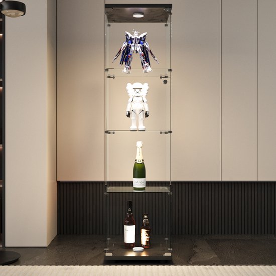 Vitrine en verre avec LED, Vitrine moderne avec 4 étagères en verre ESG, Vitrine de collection pour Bar, Salon, 164 x 42,5 x 36,5 cm, Zwart