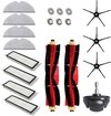 Set van vijf grijze filters, zes filters, zes grijze pads, twee rode en zwarte borstels en drie zwarte zijborstels.