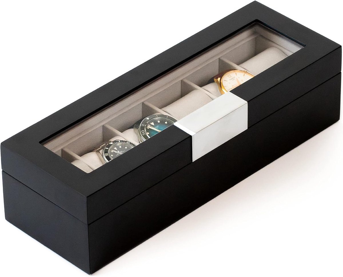 Moderne houten horlogedoos met 6 sleuven en glazen deksel - Slanke organizer voor horloge collectie
