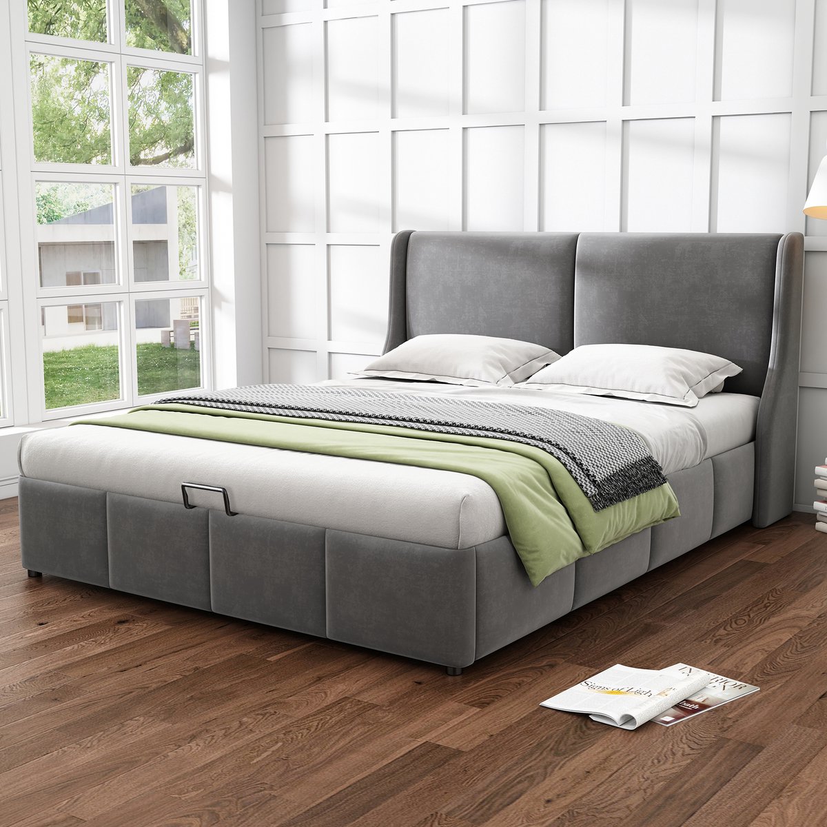 Merax Oormodel Gestoffeerd Bed 140 x 200 cm - Opbergbed met Opbergruimte - Tweepersoonsbed - Zonder matras - Grijs
