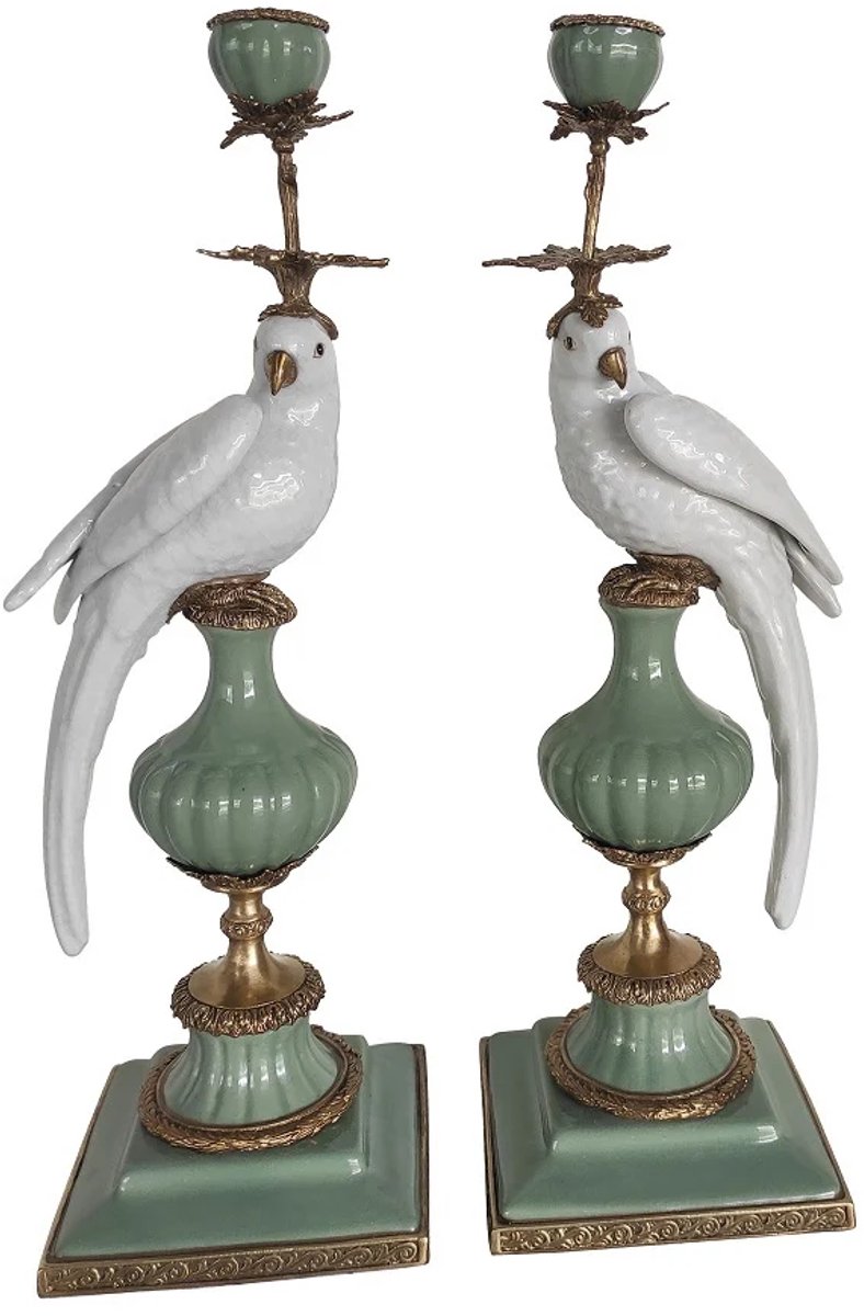 set Kandelaar Papegaai Wit/Licht turq., 14,5x14,5x48cm