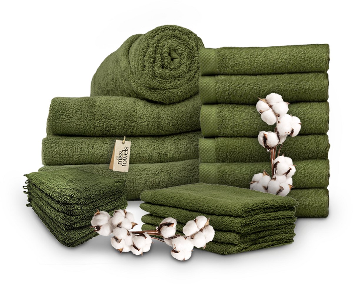 Miss Towels - Familieset - Olijfgroen - 5 Sterren Hotelkwaliteit Handdoeken - Badlakens - Gastendoekjes - Washandjes - 6+4+4+6 stuks - Made in Portugal
