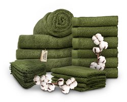 Miss Towels - Familieset - Olijfgroen - 5 Sterren Hotelkwaliteit Handdoeken - Badlakens - Gastendoekjes - Washandjes - 6+4+4+6 stuks - Made in Portugal