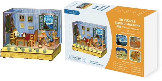 Verpakking van 3D-puzzel geluidsmachine 'Vincent's Bedroom', met afmetingen en afbeeldingen van het model.