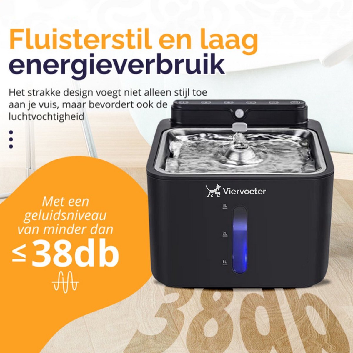 Viervoeter® Draadloze Drinkfontein RVS - Sensor Waterfontein voor Kat en Hond - Inclusief 3 filters - 3,2L - 30d batterijduur - Fluisterstil thumbnail 2