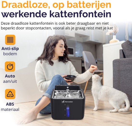 Viervoeter Draadloze Drinkfontein RVS - Sensor Waterfontein voor Kat en Hond - Inclusief filter - 3,2L - 30d batterijduur - Fluisterstil