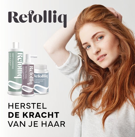 Model met rood haar naast Refolliq producten: shampoo, spray en capsules. Tekst: Herstel de kracht van je haar.