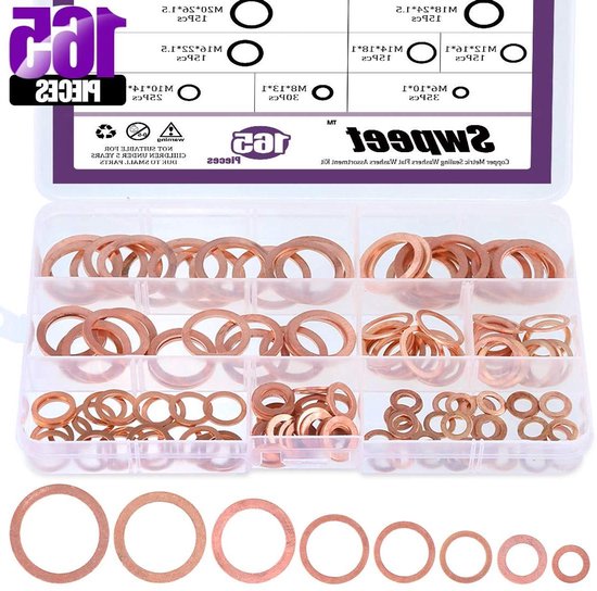 Yonality 200 stuks platte sluitringen, koperen afdichtringen, olieaftapschroefafdichting, 9 maten, metrische koperen afdichtringen, assortiment kit, M5, M9, M8, M10, M12, M14